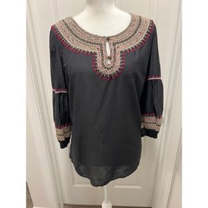 LUCKY BRAND black Bell Sleeve Blouse ornate embroidered size medium